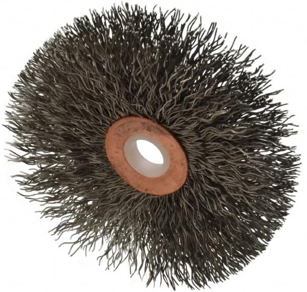 Weiler - 3" OD, 1/2" Arbor Hole, Crimped Stainless Steel Wheel Brush - 5/8" Face Width, 1" Trim Length, 0.014" Filament Diam, 20,000 RPM - Benchmark Tooling