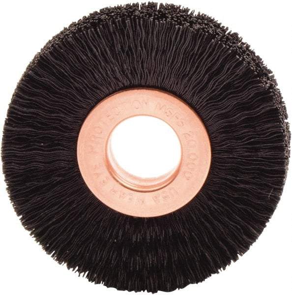 Weiler - 2" OD, 1/2" Arbor Hole, Nylon Wheel Brush - 3/8" Face Width, 1/2" Trim Length, 0.01" Filament Diam, 20,000 RPM - Benchmark Tooling