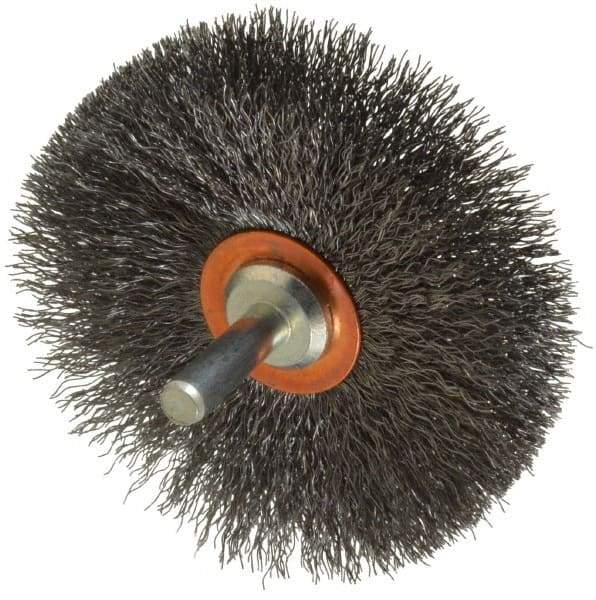 Weiler - 3" OD, 1/4" Shank Diam, Crimped Steel Wheel Brush - 1/2" Face Width, 1" Trim Length, 0.008" Filament Diam, 20,000 RPM - Benchmark Tooling