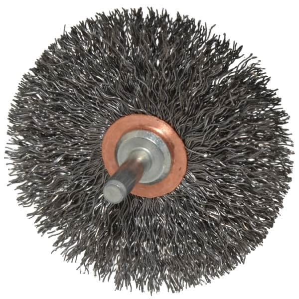 Weiler - 3" OD, 1/4" Shank Diam, Crimped Steel Wheel Brush - 1/2" Face Width, 1" Trim Length, 0.014" Filament Diam, 20,000 RPM - Benchmark Tooling