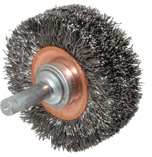 Weiler - 2" OD, 1/4" Shank Diam, Crimped Steel Wheel Brush - 3/4" Face Width, 7/16" Trim Length, 0.0118" Filament Diam, 20,000 RPM - Benchmark Tooling