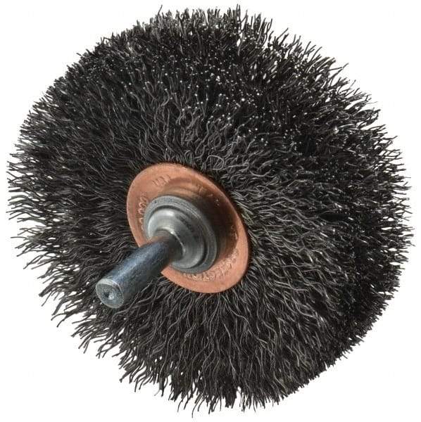 Weiler - 3" OD, 1/4" Shank Diam, Crimped Steel Wheel Brush - 1" Face Width, 15/16" Trim Length, 0.0118" Filament Diam, 20,000 RPM - Benchmark Tooling