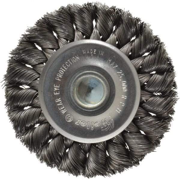 Weiler - 3-1/4" OD, 1/4" Shank Diam, Knotted Steel Wheel Brush - 3/8" Face Width, 5/8" Trim Length, 0.0118" Filament Diam, 25,000 RPM - Benchmark Tooling