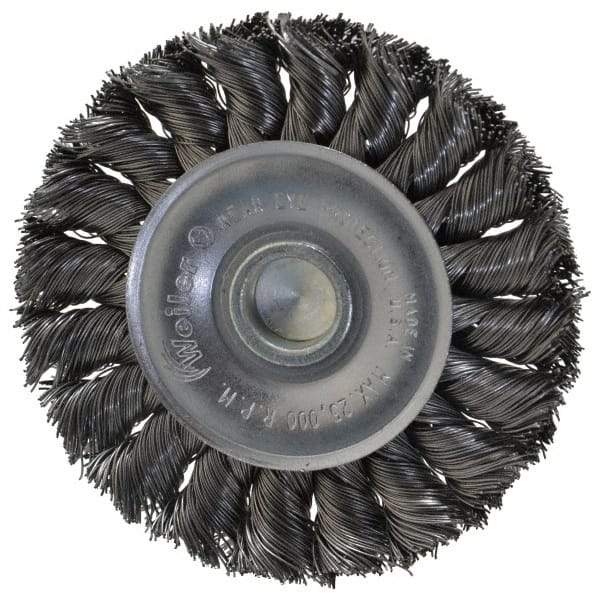 Weiler - 3-1/4" OD, 1/4" Shank Diam, Knotted Steel Wheel Brush - 3/8" Face Width, 5/8" Trim Length, 0.014" Filament Diam, 25,000 RPM - Benchmark Tooling