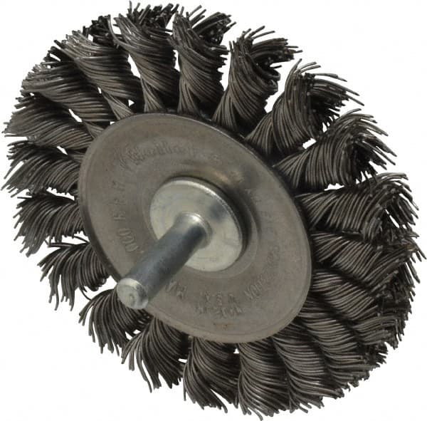 Weiler - 3-1/4" OD, 1/4" Shank Diam, Knotted Steel Wheel Brush - 3/8" Face Width, 5/8" Trim Length, 0.02" Filament Diam, 25,000 RPM - Benchmark Tooling