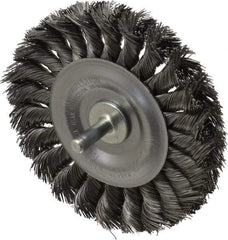 Weiler - 4" OD, 1/4" Shank Diam, Knotted Steel Wheel Brush - 1/2" Face Width, 7/8" Trim Length, 0.014" Filament Diam, 20,000 RPM - Benchmark Tooling