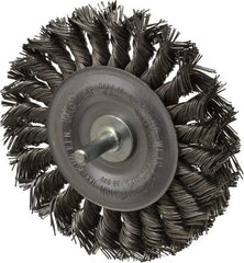 Weiler - 4" OD, 1/4" Shank Diam, Knotted Steel Wheel Brush - 1/2" Face Width, 7/8" Trim Length, 0.02" Filament Diam, 20,000 RPM - Benchmark Tooling