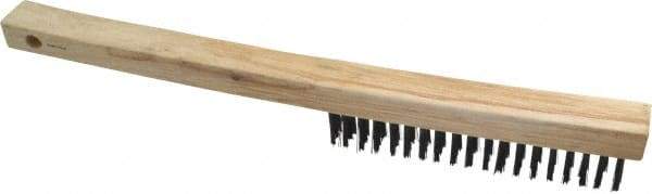 Weiler - 3 Rows x 19 Columns Curved Handle Steel Scratch Brush - 6" Brush Length, 13-1/2" OAL, 1" Trim Length, Wood Curved Handle - Benchmark Tooling