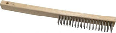 Weiler - 3 Rows x 19 Columns Curved Handle Stainless Steel Scratch Brush - 6" Brush Length, 13-1/2" OAL, 1" Trim Length, Wood Curved Handle - Benchmark Tooling