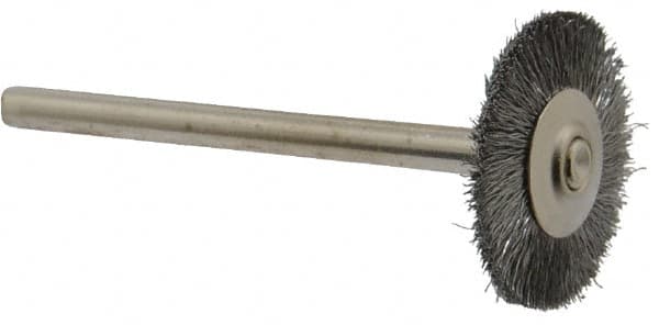 Weiler - 3/4" OD, 1/8" Shank Diam, Crimped Steel Wheel Brush - 3/16" Trim Length, 0.003" Filament Diam, 37,000 RPM - Benchmark Tooling