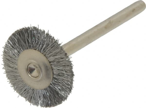 Weiler - 3/4" OD, 1/8" Shank Diam, Crimped Steel Wheel Brush - 3/16" Trim Length, 0.005" Filament Diam, 37,000 RPM - Benchmark Tooling