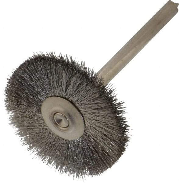 Weiler - 1" OD, 1/8" Shank Diam, Crimped Stainless Steel Wheel Brush - 5/16" Trim Length, 0.003" Filament Diam, 37,000 RPM - Benchmark Tooling