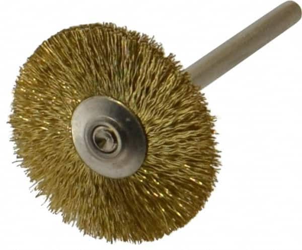 Weiler - 1" OD, 1/8" Shank Diam, Crimped Brass Wheel Brush - 5/16" Trim Length, 0.005" Filament Diam, 37,000 RPM - Benchmark Tooling