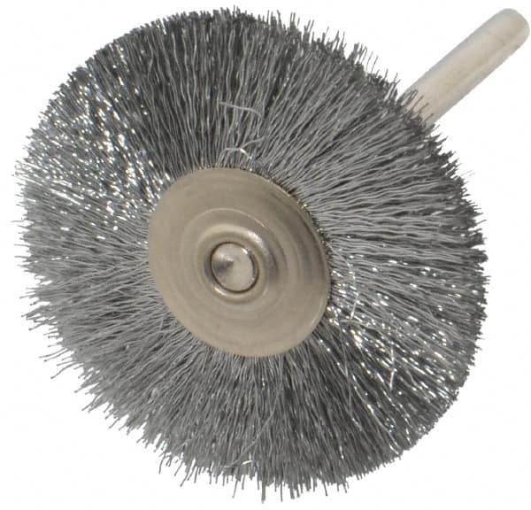 Weiler - 1-1/4" OD, 1/8" Shank Diam, Crimped Steel Wheel Brush - 3/8" Trim Length, 0.005" Filament Diam, 37,000 RPM - Benchmark Tooling