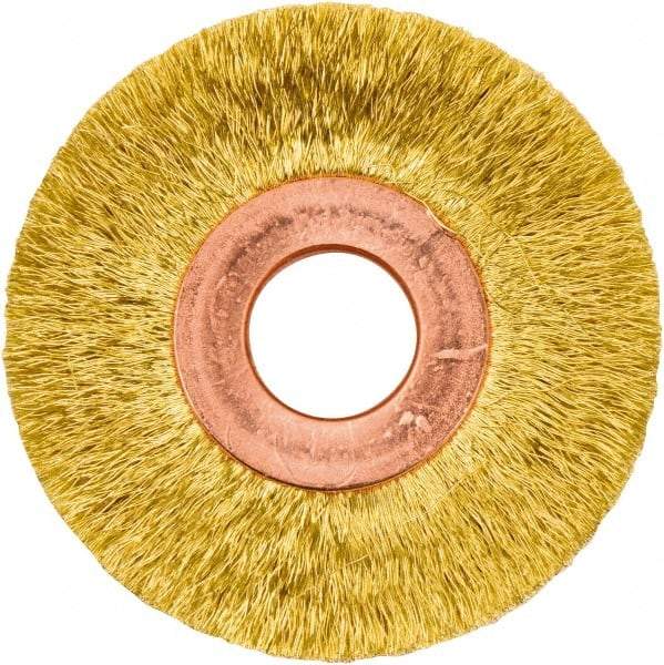 Weiler - 2" OD, 1/2" Arbor Hole, Crimped Brass Wheel Brush - 3/8" Face Width, 1/2" Trim Length, 0.005" Filament Diam, 20,000 RPM - Benchmark Tooling