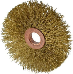 Weiler - 3" OD, 1/2" Arbor Hole, Crimped Brass Wheel Brush - 5/8" Face Width, 1" Trim Length, 0.014" Filament Diam, 20,000 RPM - Benchmark Tooling