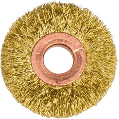 Weiler - 2" OD, 1/2" Arbor Hole, Crimped Brass Wheel Brush - 3/8" Face Width, 1/2" Trim Length, 0.0118" Filament Diam, 20,000 RPM - Benchmark Tooling