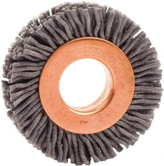 Weiler - 1-1/2" OD, 1/2" Arbor Hole, Nylon Wheel Brush - 3/8" Face Width, 1/4" Trim Length, 0.035" Filament Diam, 10,000 RPM - Benchmark Tooling