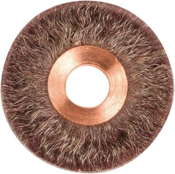 Weiler - 2" OD, 1/2" Arbor Hole, Crimped Steel Wheel Brush - 1/4" Face Width, 1/2" Trim Length, 0.0104" Filament Diam, 20,000 RPM - Benchmark Tooling