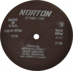 Norton - 7" 60 Grit Aluminum Oxide Cutoff Wheel - 1/16" Thick, 1/2" Arbor, 6,550 Max RPM, Use with Stationary Grinders - Benchmark Tooling