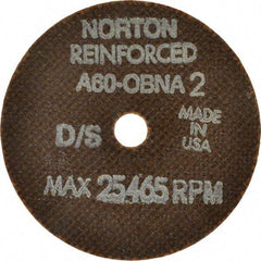 Norton - 3" 60 Grit Aluminum Oxide Cutoff Wheel - 0.06" Thick, 3/8" Arbor, 25,465 Max RPM, Use with Die Grinders - Benchmark Tooling