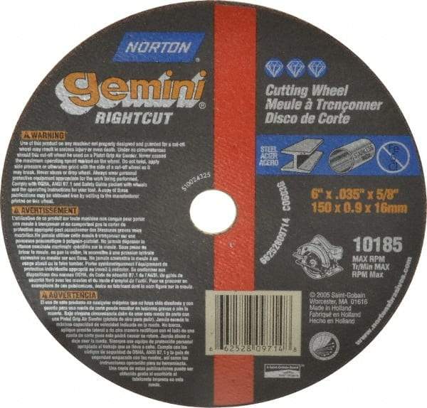 Norton - 6" 60 Grit Aluminum Oxide Cutoff Wheel - 0.035" Thick, 5/8" Arbor, 10,185 Max RPM, Use with Circular Saws - Benchmark Tooling