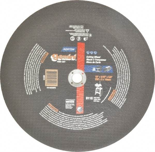 Norton - 10" 30 Grit Aluminum Oxide Cutoff Wheel - 3/32" Thick, 5/8" Arbor, 6,110 Max RPM, Use with Stationary Tools - Benchmark Tooling