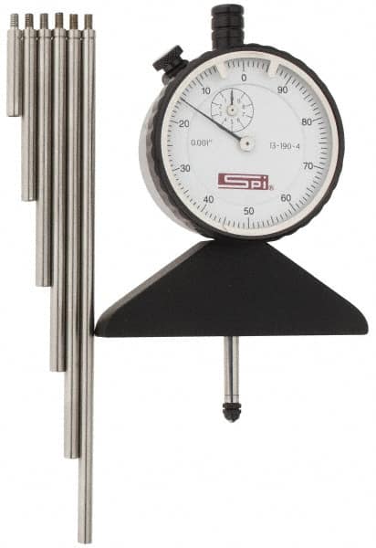 SPI - 0 to 22 Inch Range, Steel, White Dial Depth Gage - 0.001 Inch Graduation, 0.001 Inch Accuracy, 1 Inch Travel, 3.2 Inch Base Measuring Length - Benchmark Tooling