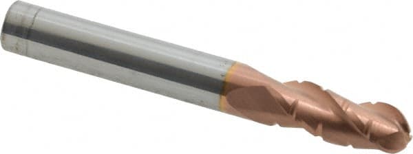 ProMax - 5/16" Diam, 3/4" LOC, 3 Flute Solid Carbide Roughing & Finishing Ball End Mill - TiCN Finish, 2-1/2" OAL, 5/16" Shank Diam, Straight Shank, 35° Helix, Centercutting - Benchmark Tooling