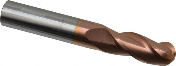 ProMax - 3/8" Diam, 7/8" LOC, 3 Flute Solid Carbide Ball End Mill - TiCN Finish, Single End, 2-1/2" OAL, 3/8" Shank Diam, Spiral Flute - Benchmark Tooling