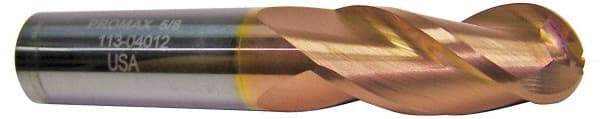 ProMax - 5/8" Diam, 1-1/4" LOC, 3 Flute Solid Carbide Ball End Mill - TiCN Finish, Single End, 3-1/2" OAL, 5/8" Shank Diam, Spiral Flute - Benchmark Tooling