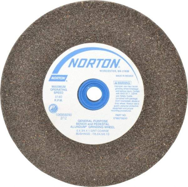 Norton - 36 Grit Aluminum Oxide Bench & Pedestal Grinding Wheel - 6" Diam x 1" Hole x 3/4" Thick, 4140 Max RPM, Very Coarse/Coarse Grade - Benchmark Tooling