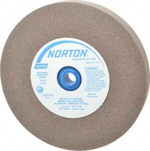 Norton - 100 Grit Aluminum Oxide Bench & Pedestal Grinding Wheel - 6" Diam x 1" Hole x 3/4" Thick, 4140 Max RPM, Fine Grade - Benchmark Tooling