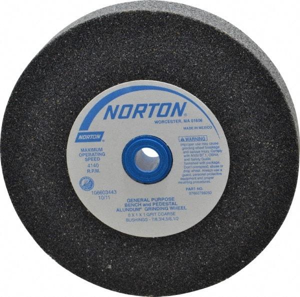 Norton - 36 Grit Aluminum Oxide Bench & Pedestal Grinding Wheel - 6" Diam x 1" Hole x 1" Thick, 4140 Max RPM, Very Coarse/Coarse Grade - Benchmark Tooling