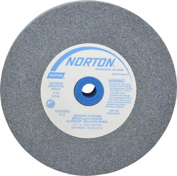 Norton - 60 Grit Aluminum Oxide Bench & Pedestal Grinding Wheel - 6" Diam x 1" Hole x 1" Thick, 4140 Max RPM, Medium Grade - Benchmark Tooling