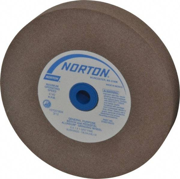 Norton - 100 Grit Aluminum Oxide Bench & Pedestal Grinding Wheel - 6" Diam x 1" Hole x 1" Thick, 4140 Max RPM, Fine Grade - Benchmark Tooling