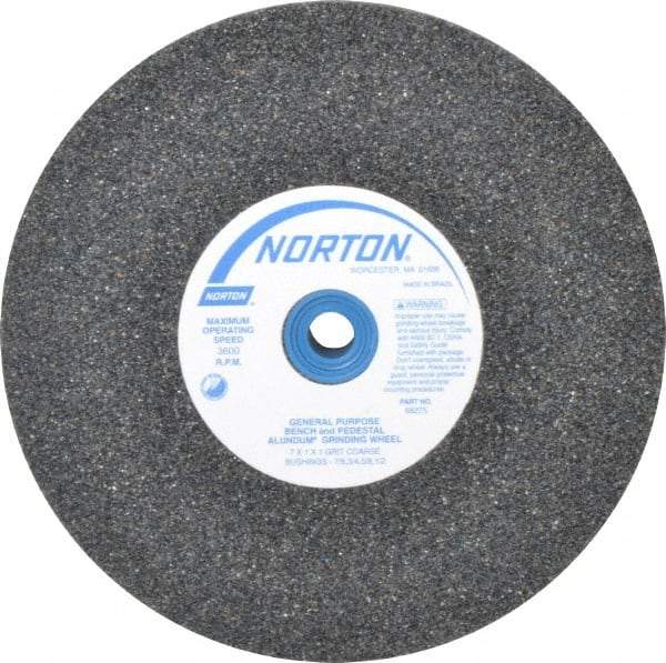 Norton - 36 Grit Aluminum Oxide Bench & Pedestal Grinding Wheel - 7" Diam x 1" Hole x 1" Thick, 3600 Max RPM, Very Coarse/Coarse Grade - Benchmark Tooling