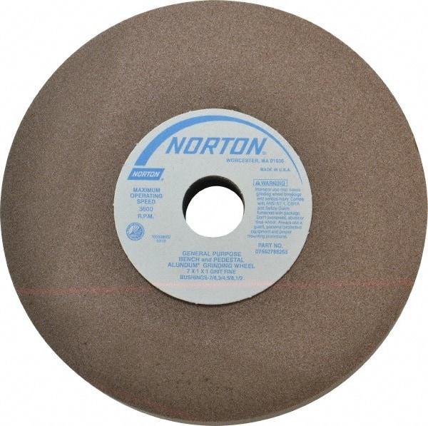 Norton - 100 Grit Aluminum Oxide Bench & Pedestal Grinding Wheel - 7" Diam x 1" Hole x 1" Thick, 3600 Max RPM, Fine Grade - Benchmark Tooling