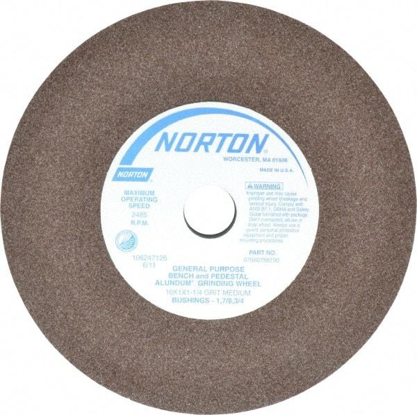 Norton - 60/80 Grit Aluminum Oxide Bench & Pedestal Grinding Wheel - 10" Diam x 1-1/4" Hole x 1" Thick, 2485 Max RPM, Medium Grade - Benchmark Tooling