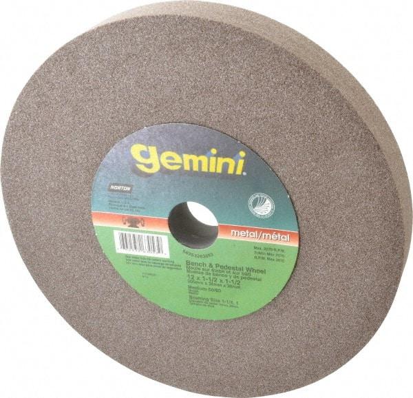 Norton - 60 Grit Aluminum Oxide Bench & Pedestal Grinding Wheel - 12" Diam x 1-1/2" Hole x 1-1/2" Thick, 2070 Max RPM, Medium Grade - Benchmark Tooling