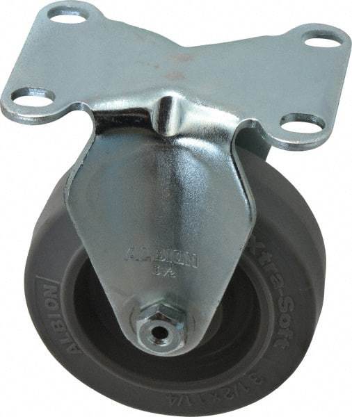 Albion - 3-1/2" Diam x 1-1/4" Wide x 4-1/4" OAH Top Plate Mount Rigid Caster - Rubber, 250 Lb Capacity, Ball Bearing, 2-1/2 x 3-5/8" Plate - Benchmark Tooling