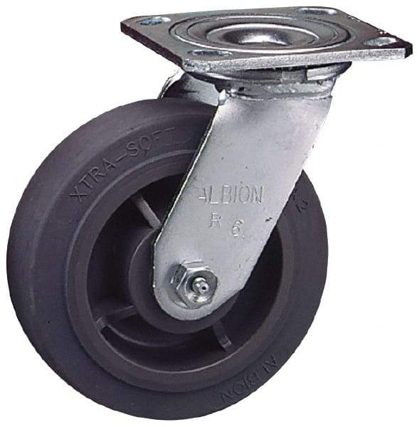 Albion - 8" Diam x 2" Wide x 9-1/2" OAH Top Plate Mount Swivel Caster - Soft Rubber, 675 Lb Capacity, Roller Bearing, 4 x 4-1/2" Plate - Benchmark Tooling