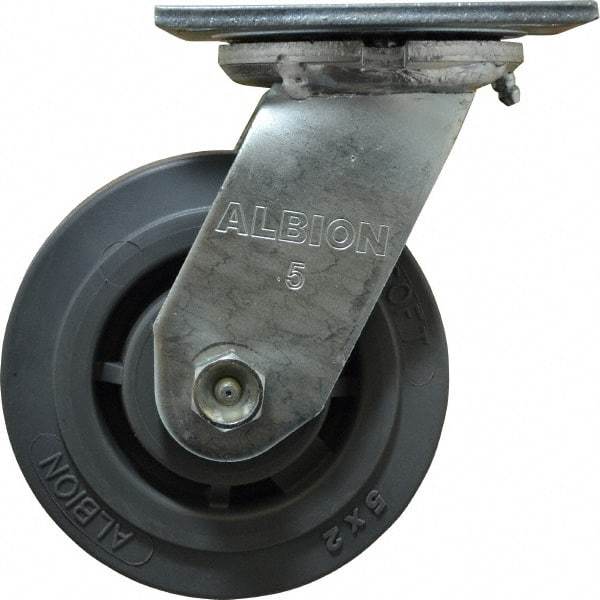 Albion - 5" Diam x 2" Wide x 6-1/2" OAH Top Plate Mount Swivel Caster - Soft Rubber, 350 Lb Capacity, Roller Bearing, 4 x 4-1/2" Plate - Benchmark Tooling