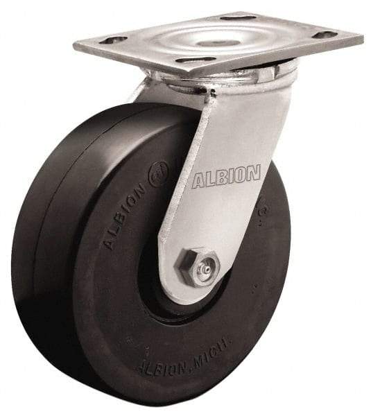 Albion - 4" Diam x 2" Wide x 5-5/8" OAH Top Plate Mount Swivel Caster - Rubber, 350 Lb Capacity, Roller Bearing, 4 x 4-1/2" Plate - Benchmark Tooling