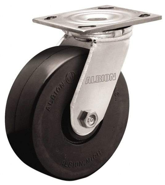 Albion - 4" Diam x 1-1/2" Wide x 5-5/8" OAH Top Plate Mount Swivel Caster - Rubber, 250 Lb Capacity, Roller Bearing, 4 x 4-1/2" Plate - Benchmark Tooling