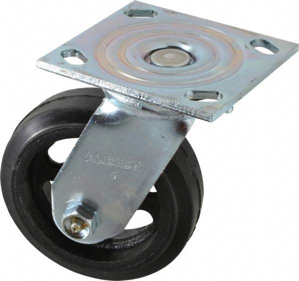 Albion - 5" Diam x 1-1/2" Wide x 6-1/2" OAH Top Plate Mount Swivel Caster - Rubber, 300 Lb Capacity, Roller Bearing, 4 x 4-1/2" Plate - Benchmark Tooling