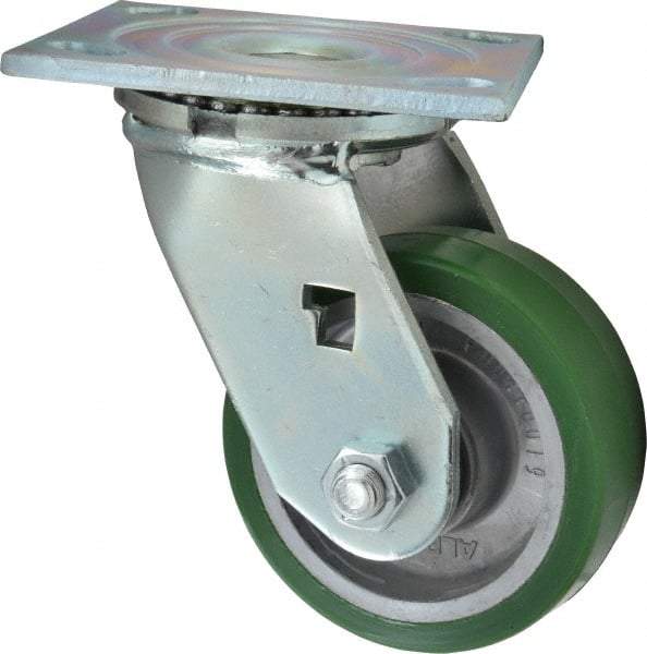 Albion - 4" Diam x 1-1/2" Wide x 5-5/8" OAH Top Plate Mount Swivel Caster - Polyurethane, 600 Lb Capacity, Roller Bearing, 4 x 4-1/2" Plate - Benchmark Tooling