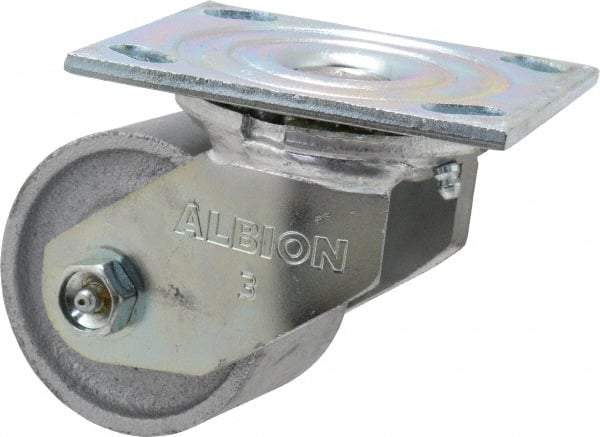 Albion - 3-1/4" Diam x 2-3/16" Wide x 4-1/4" OAH Top Plate Mount Swivel Caster - Cast Iron, 700 Lb Capacity, Roller Bearing, 4 x 4-1/2" Plate - Benchmark Tooling