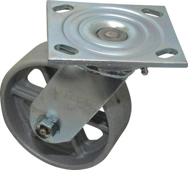 Albion - 5" Diam x 2" Wide x 6-1/2" OAH Top Plate Mount Swivel Caster - Cast Iron, 1,000 Lb Capacity, Roller Bearing, 4 x 4-1/2" Plate - Benchmark Tooling