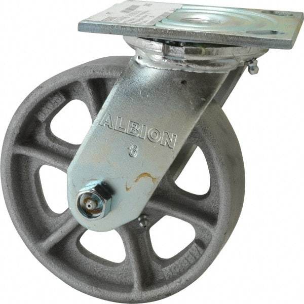 Albion - 6" Diam x 1-1/2" Wide x 7-1/4" OAH Top Plate Mount Swivel Caster - Cast Iron, 800 Lb Capacity, Roller Bearing, 4 x 4-1/2" Plate - Benchmark Tooling